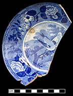 Pearlware common shape cup printed underglaze in medium blue.  Matching pearlware saucers.  Four matching saucers and two matching cups in assemblage.  3.75” cup rim diameter, 2.5” cup vessel height. 5.5” saucer rim diameter, 1” saucer vessel height.